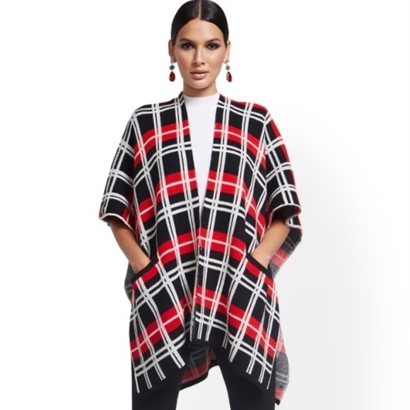 NY&Co Plaid Open Front Poncho Cardigan w Front Pockets Black/Red/White Size M - Picture 1 of 15